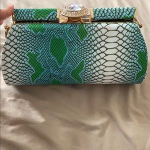 Faux Snake Skin Clutch with Rhinestone Closure